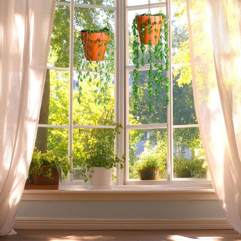 Suncalla 2pcs Beaded Plant Gifts for Plant Lovers Beaded Succulent Plants Sun Catcher Glass Leaf Beads Suncatcher for Window Hanging with Chain Bead Plants Crystal Sun Catchers Home (Classic Style) - Image 4