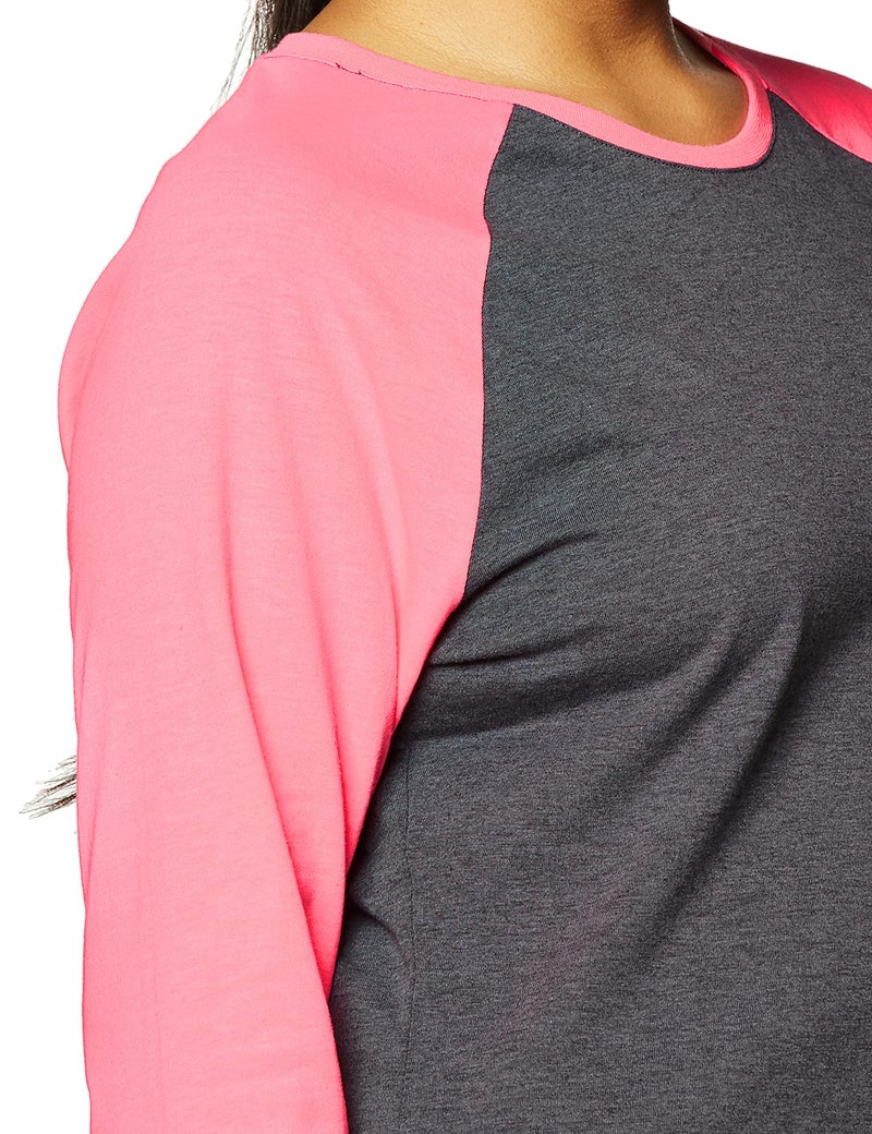 Soffe Womens Baseball Tee, Grey Heather/Neon Pink, Small - Image 3