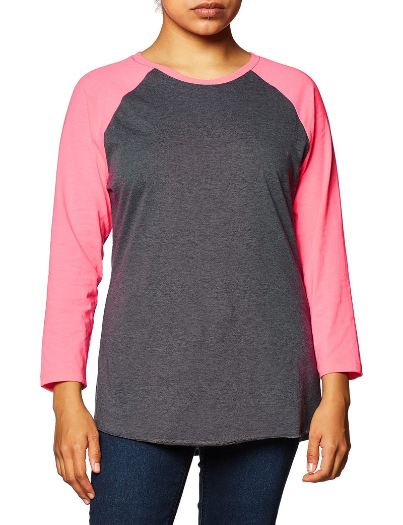 Soffe Womens Baseball Tee, Grey Heather/Neon Pink, Small - Image 4
