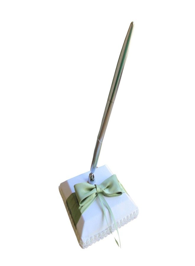Paper Frenzy White with Olive Green Bow Luxury Guest Signing Pen for Wedding or any Event, White/Olive Green Bow