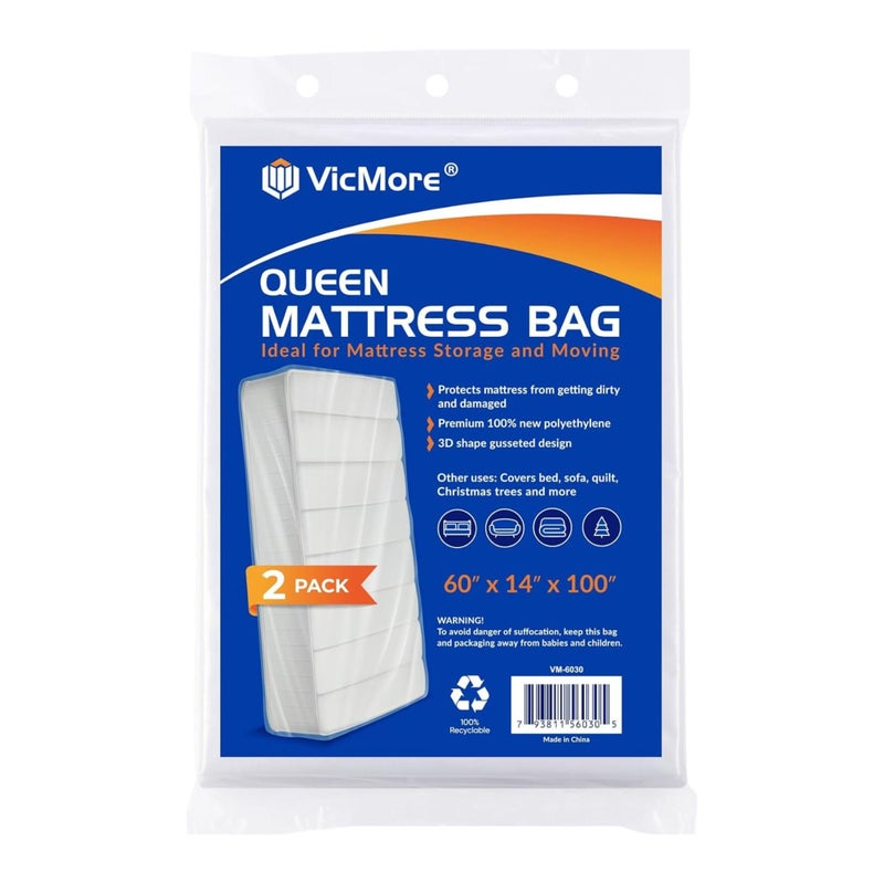 VICMORE 2 Pack Queen Mattress Bags for Moving Storage Disposal Clear HeavyDuty Plastic Covers TearResistant Dustproof Recyclable Fits Queen Beds