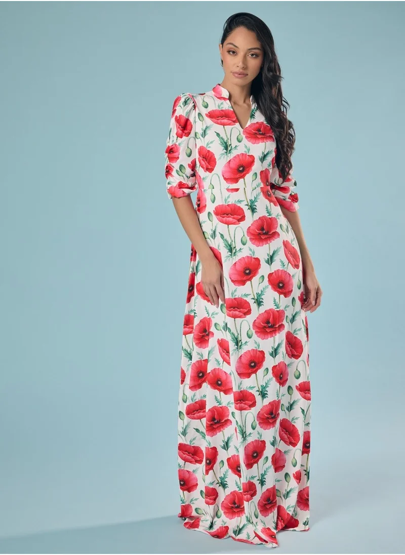 Zigzag Vneck Tulip Printed Chiffon Maxi Dress