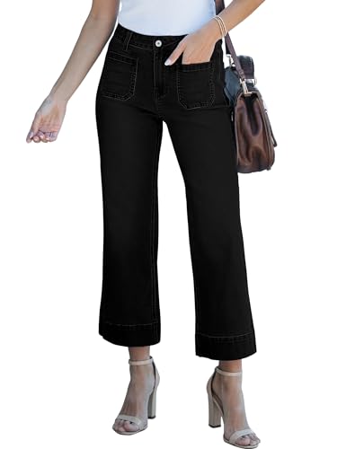 luvamia Wide Leg Jeans for Women Trendy High Waisted Flare Jeans Cropped Denim Pants Stretchy Baggy With Patch Pockets High Waisted Pants for Women Size 18 Jeans for Women Hot Pants True Black Size 16 - Image 1