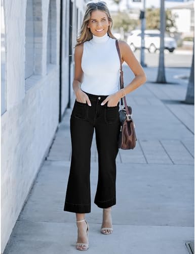 luvamia Wide Leg Jeans for Women Trendy High Waisted Flare Jeans Cropped Denim Pants Stretchy Baggy With Patch Pockets High Waisted Pants for Women Size 18 Jeans for Women Hot Pants True Black Size 16 - Image 5