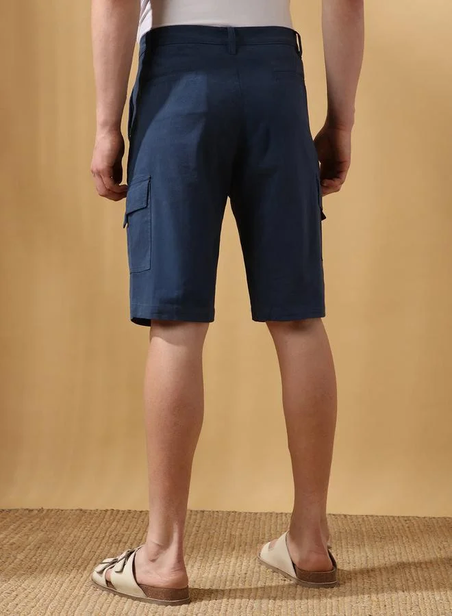 Dennis Lingo Denim Blue Men's Denim Blue 100% Cotton Solid Pattern Cropped Length Cargo Regular Fit Shorts for Men | Best Price UAE