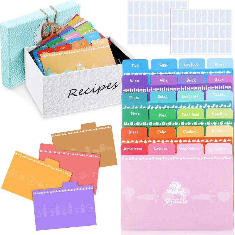 Outus 36 Pieces Recipe Card Dividers Tabs Include 24 Labelled and 12 Blank Tabs 60 Adhesive Labels Fit 4 x 6 Inch Cards for Recipe Box Organize (Bright Style) - Image 1