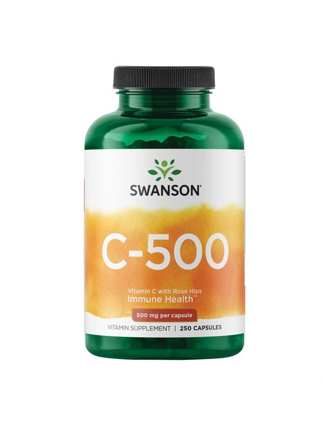 SWANSON Vitamin C w/ Rose Hips - Herbal Supplement Promoting Skin Health, Heart Health & Immune System Support - Natural Formula Supporting Defense & Wellness - (250 Capsules, 500mg Each)  - Image 1
