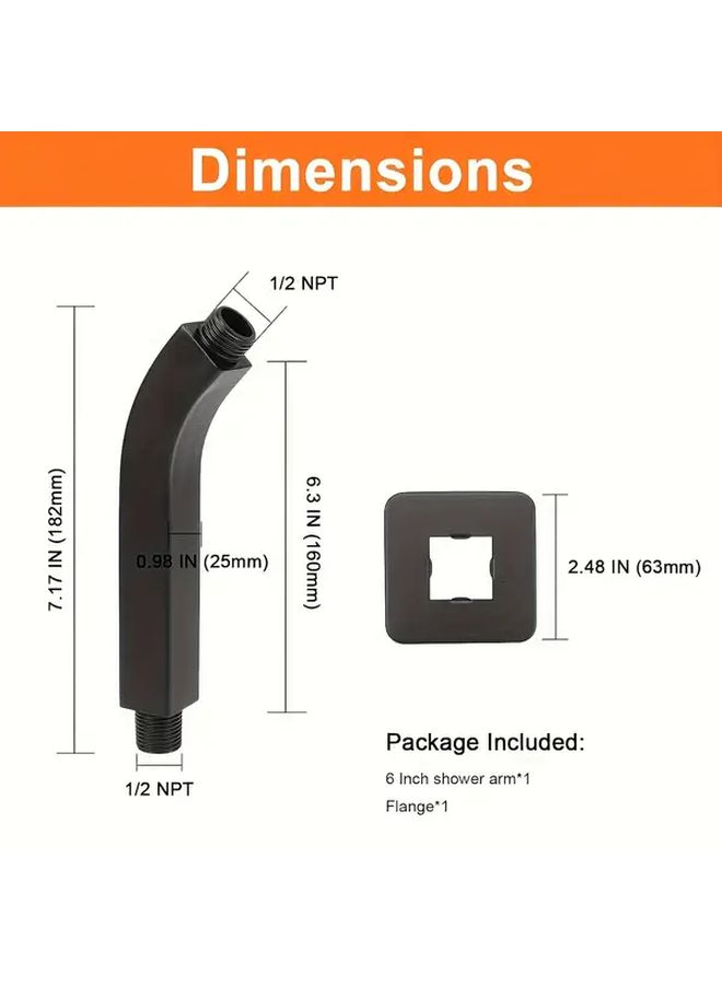 6 Inch Matte Black Stainless Steel Square Shower Arm Holder For Wall Mounted Shower Head - Image 3