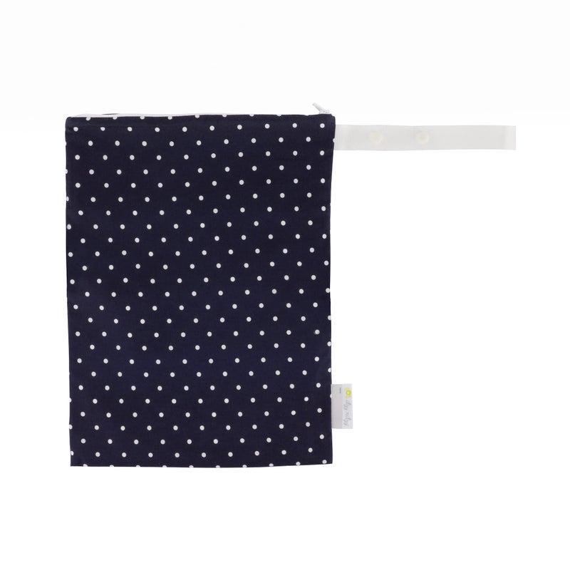 Itzy Ritzy Sealed Wet Bag with Handle â€“ Wet Bag for Travel, Swimsuits, Cloth Diapers, Gym Clothes & Toiletries - Washable & Reusable with Water Resistant Lining - Measures 11â€ x 14â€ (Navy Dots)