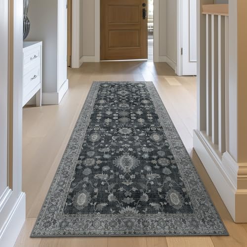 GENIMO Runner Rug for Hallways Machine Washable 2x5 Non Slip Boho Vintage Lightweight Washable Runners Thin Floor Rugs for Entryway Hallway Bathroom Laundry Room Corridor Charcoal - Image 3