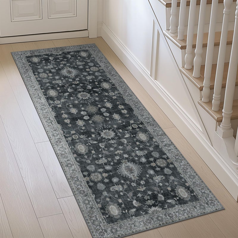 GENIMO Runner Rug for Hallways Machine Washable 2x5 Non Slip Boho Vintage Lightweight Washable Runners Thin Floor Rugs for Entryway Hallway Bathroom Laundry Room Corridor Charcoal - Image 2
