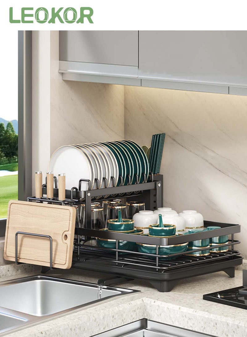 LEOKOR Dish Drying Rack with Drainer Board, 2 Tier Dish Rack for Kitchen Counter with Cup Holder, Anti-Rust Dish Drainer Rack with Utility Hook Utensil Holder Cutting Board Rack, Black - Image 1