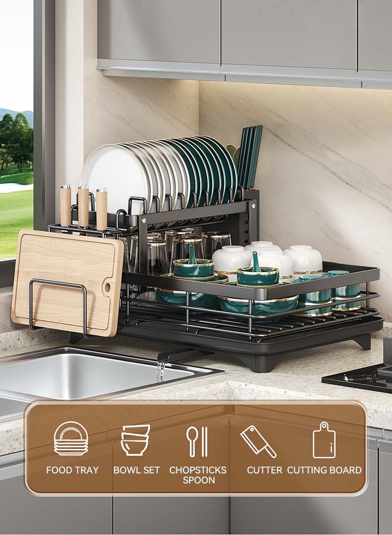 LEOKOR Dish Drying Rack with Drainer Board, 2 Tier Dish Rack for Kitchen Counter with Cup Holder, Anti-Rust Dish Drainer Rack with Utility Hook Utensil Holder Cutting Board Rack, Black - Image 2
