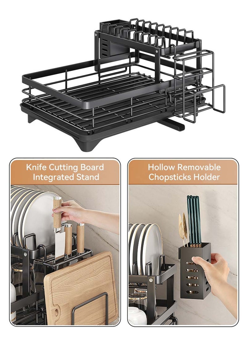 LEOKOR Dish Drying Rack with Drainer Board, 2 Tier Dish Rack for Kitchen Counter with Cup Holder, Anti-Rust Dish Drainer Rack with Utility Hook Utensil Holder Cutting Board Rack, Black - Image 3