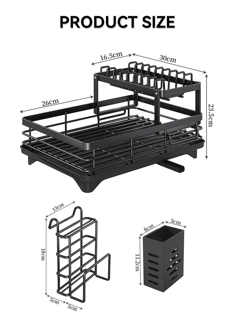 LEOKOR Dish Drying Rack with Drainer Board, 2 Tier Dish Rack for Kitchen Counter with Cup Holder, Anti-Rust Dish Drainer Rack with Utility Hook Utensil Holder Cutting Board Rack, Black - Image 4