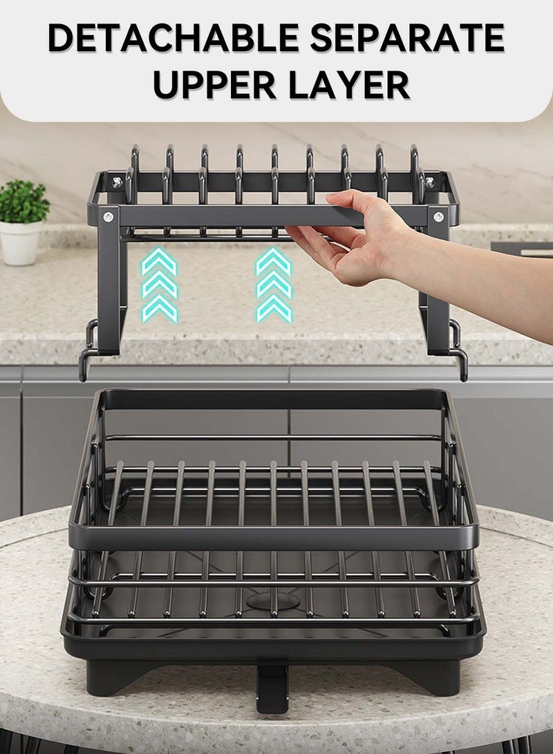 LEOKOR Dish Drying Rack with Drainer Board, 2 Tier Dish Rack for Kitchen Counter with Cup Holder, Anti-Rust Dish Drainer Rack with Utility Hook Utensil Holder Cutting Board Rack, Black - Image 5
