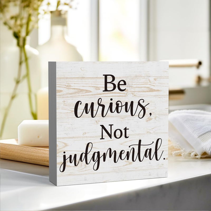 Zopedia Inspirational Desk Decorations Wood Sign Home Office Desk Decor Accessories for Women Coworker Rustic Shelf Cubicle Decor Be Curious Not Judgmental 5 X 5 Inch - Image 3