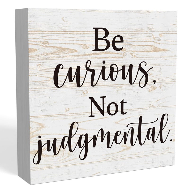 Zopedia Inspirational Desk Decorations Wood Sign Home Office Desk Decor Accessories for Women Coworker Rustic Shelf Cubicle Decor Be Curious Not Judgmental 5 X 5 Inch - Image 1