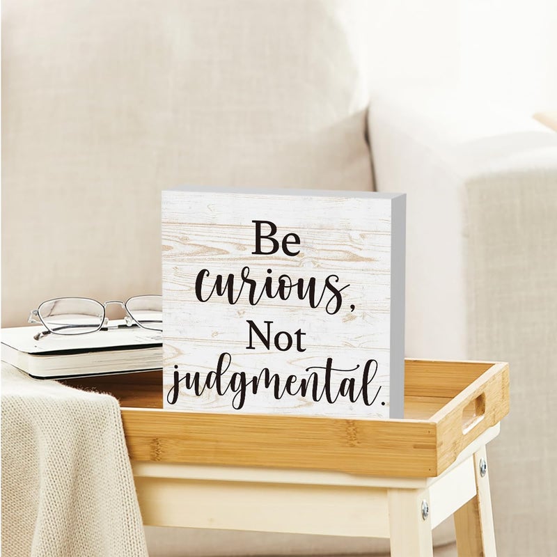 Zopedia Inspirational Desk Decorations Wood Sign Home Office Desk Decor Accessories for Women Coworker Rustic Shelf Cubicle Decor Be Curious Not Judgmental 5 X 5 Inch - Image 5