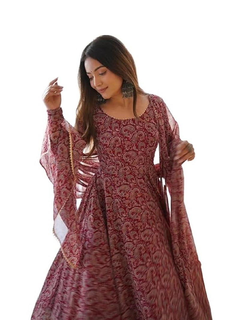 KD Georgette Women Floral Print Anarkali Kurta With Pant And Dupatta Set Anarkali Kurti For Women (Small, Maroon) - Image 3