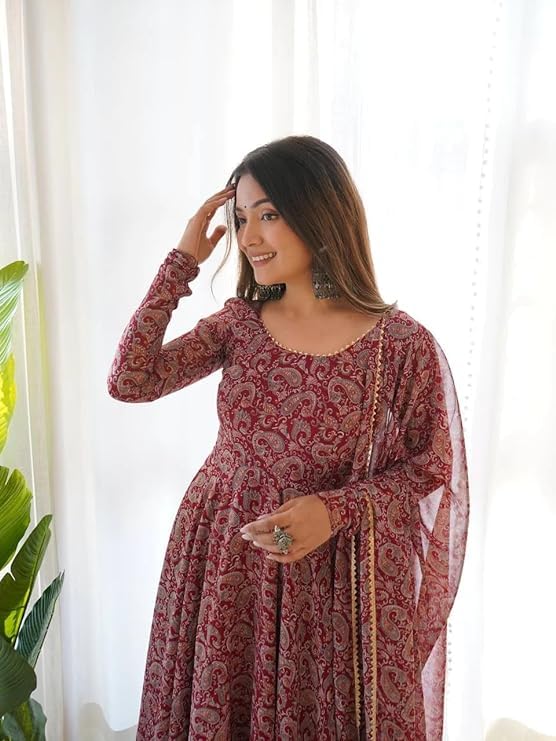 KD Georgette Women Floral Print Anarkali Kurta With Pant And Dupatta Set Anarkali Kurti For Women (Small, Maroon) - Image 5