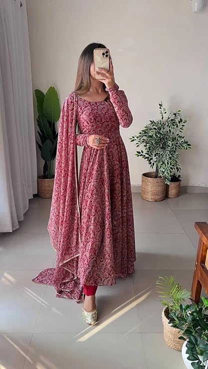 KD Georgette Women Floral Print Anarkali Kurta With Pant And Dupatta Set Anarkali Kurti For Women (Small, Maroon) - Image 2