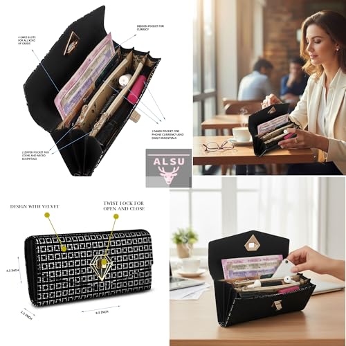 ALSU Women's Wallet Clutch Purse Black & White | 4 Card Pocket| Twist Lock Closure| Phone Pocket (gdu-10bw) - Image 4