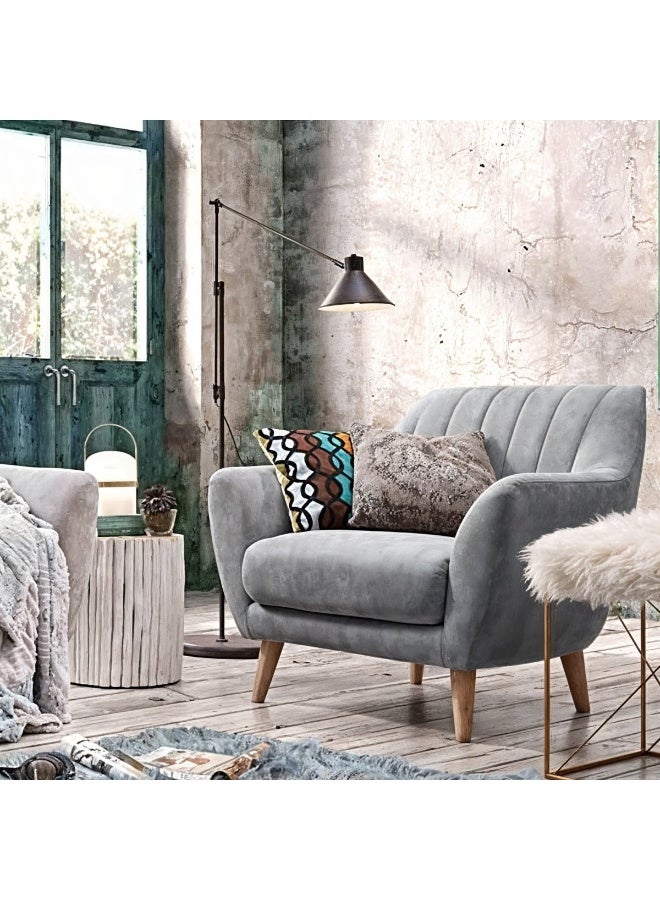 Furniture Factory Beech wood and velvet armchair - grey and beige  - Image 1