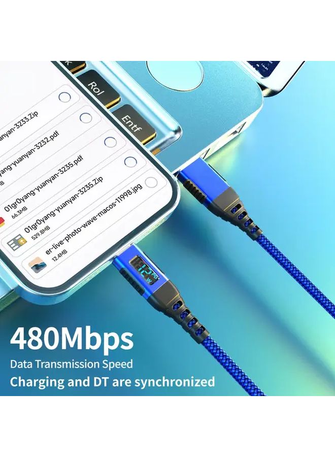 كابل شحن سريع منUSB A إلى Lightning بطول 6.6 قدم، معتمد من MFi، بلون أزرق، مع شاشة عرض LED - Image 3