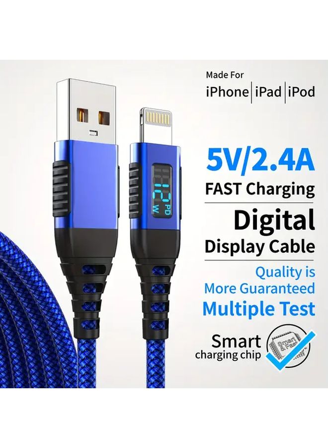 كابل شحن سريع منUSB A إلى Lightning بطول 6.6 قدم، معتمد من MFi، بلون أزرق، مع شاشة عرض LED - Image 1