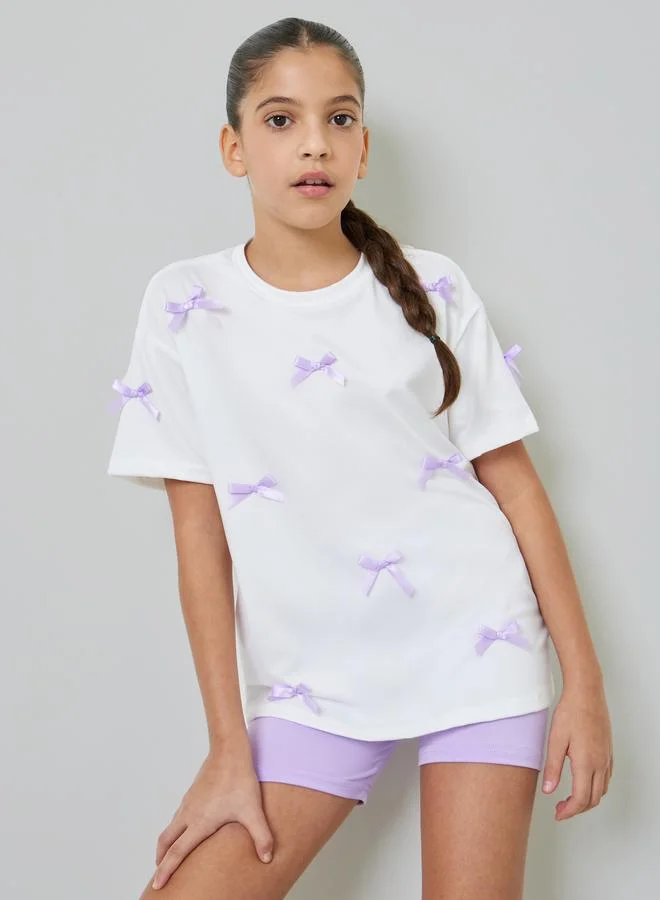 Styli Teens Ribbon Detail Oversized T-Shirt And Cycling Shorts Set