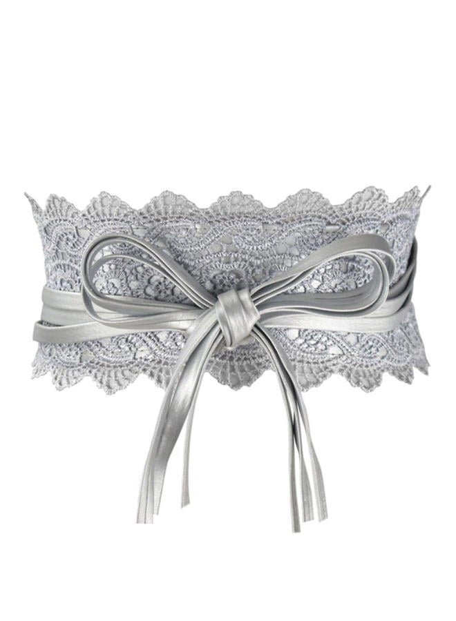 macoking Wide Obi Belts for Women Thick Faux Leather Corset with Lace Up Wrap Style, Lacy Silver, Waist 25"-30" - Image 1
