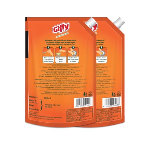 Giffy Liquid Dishwash Gel 900ml (Pack of 2) | Enzymes | 50% More Effective | Tough Grease Removal Expert | Turbo Boosters | Mild fragrance | Removes Tough Malodour | Hand-Safe - Image 3