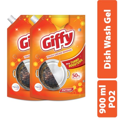 Giffy Liquid Dishwash Gel 900ml (Pack of 2) | Enzymes | 50% More Effective | Tough Grease Removal Expert | Turbo Boosters | Mild fragrance | Removes Tough Malodour | Hand-Safe - Image 2