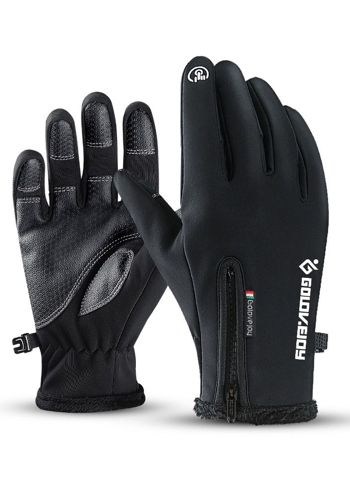 Golovejoy Outdoor Waterproof And Windproof Warm Cycling Plush Gloves Zipper In Winter