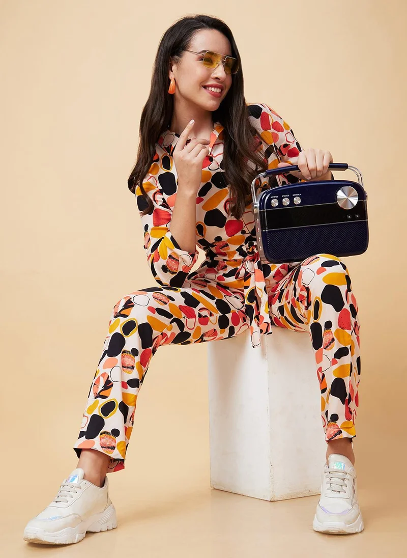 globus Globus Women's Jumpsuit Beige Casual with Shirt Collar and Printed Design