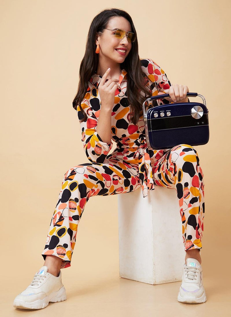 Globus Women's Jumpsuit Beige Casual with Shirt Collar and Printed Design - Image 1