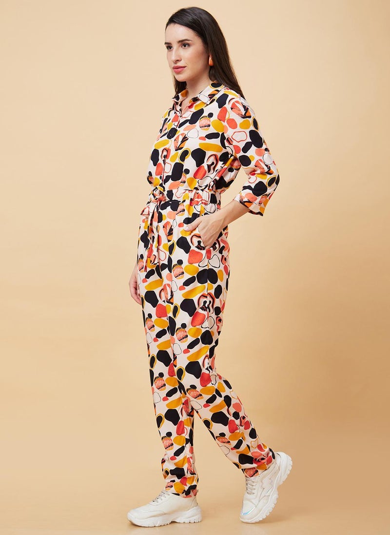 Globus Women's Jumpsuit Beige Casual with Shirt Collar and Printed Design - Image 4