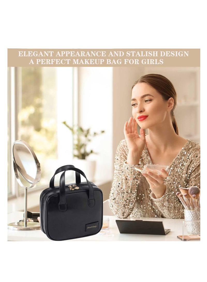 Excefore Portable Small Travel Makeup Bag, Waterproof Toiletry Bag with Divider and Handle, Leather  Cosmetic Bag for Toiletries Accessories Brushes, Cute Makeup Organize, Black - Image 5