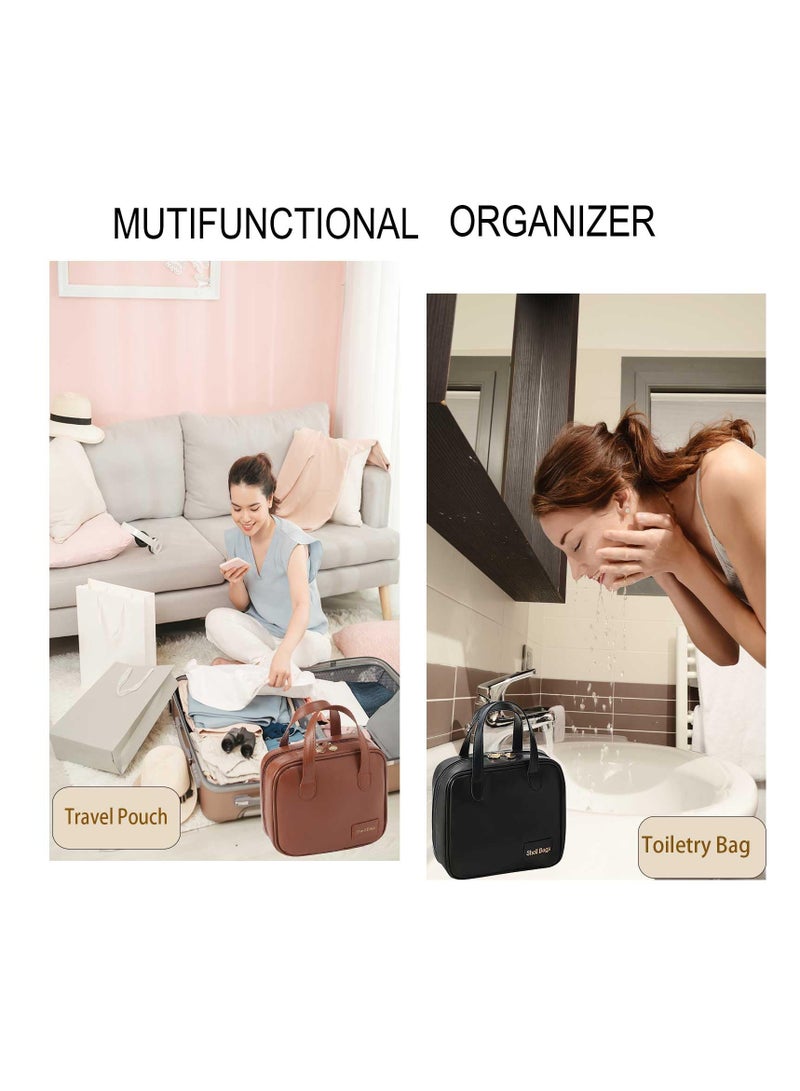 Excefore Portable Small Travel Makeup Bag, Waterproof Toiletry Bag with Divider and Handle, Leather  Cosmetic Bag for Toiletries Accessories Brushes, Cute Makeup Organize, Black - Image 3