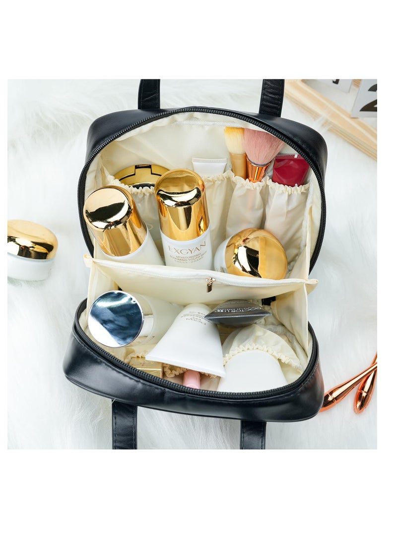 Excefore Portable Small Travel Makeup Bag, Waterproof Toiletry Bag with Divider and Handle, Leather  Cosmetic Bag for Toiletries Accessories Brushes, Cute Makeup Organize, Black - Image 2