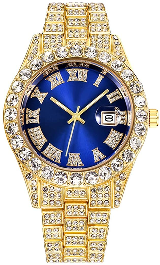 SENRUD Men's Diamond Watch Fashion Crystal Rhinestone Quartz Analog Watch Iced-Out Bracelet Wrist Watch (Gold) - Image 1