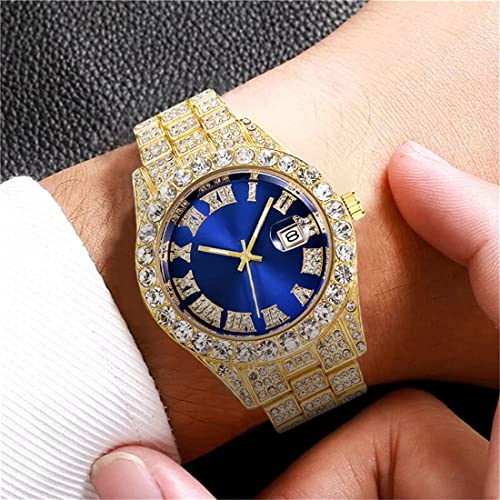 SENRUD Men's Diamond Watch Fashion Crystal Rhinestone Quartz Analog Watch Iced-Out Bracelet Wrist Watch (Gold) - Image 3