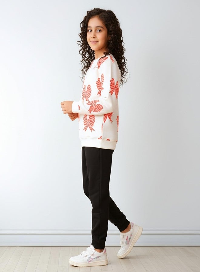 ANTHRILO Bow Pink Girls Fleece Black Sweatshirt Jogger Set - White/Black | 5-6 Years - Image 3