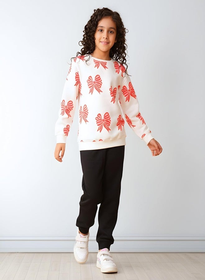 ANTHRILO Bow Pink Girls Fleece Black Sweatshirt Jogger Set - White/Black | 5-6 Years - Image 2