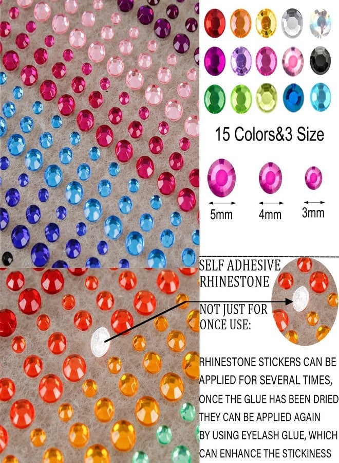 LAPOHI 1100 قطعة 15 لون من الأحجار الكريمة الملونة ذاتية اللصق لعيد الهالوين لمكياج العيون والوجه وجواهر الجسم ولصقها على ملحقات المهرجان وملابس التنكر وأظافر الجسم ومكياج DIY 3mm 4mm 5mm… - Image 3