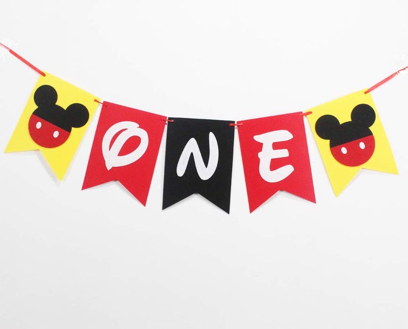 Hongkai Mouse Inspired 1st Birthday Banner Decorations, Handmade ONE Banner, Highchair Banner Red Black Yellow Party Decoration baby First Birthday Decorations Supplies - Image 1