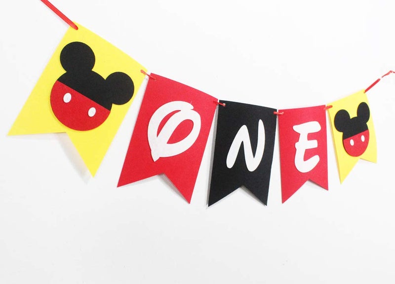 Hongkai Mouse Inspired 1st Birthday Banner Decorations, Handmade ONE Banner, Highchair Banner Red Black Yellow Party Decoration baby First Birthday Decorations Supplies - Image 2