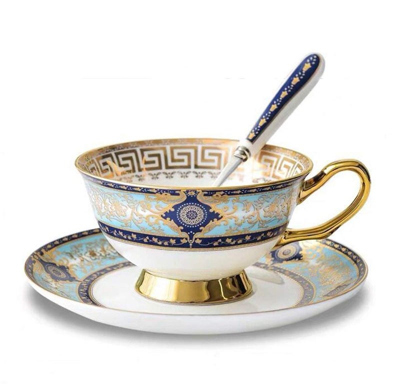 Eplze YBK Tech Euro Style Bone China Cup& Saucer Set, Ceramic Tea Coffee Cup for Home Kitchen Wedding (Royal Pattern- Sky Blue) - Image 1