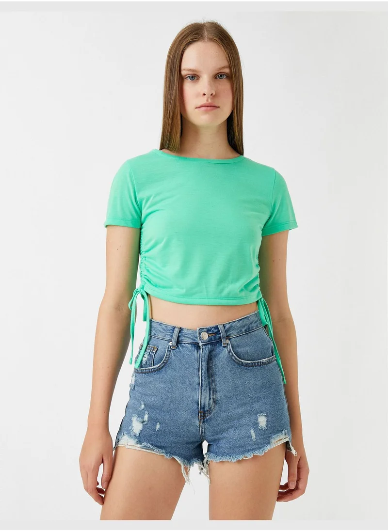 كوتون Crop T-Shirt Knotted Crew Neck Short Sleeve